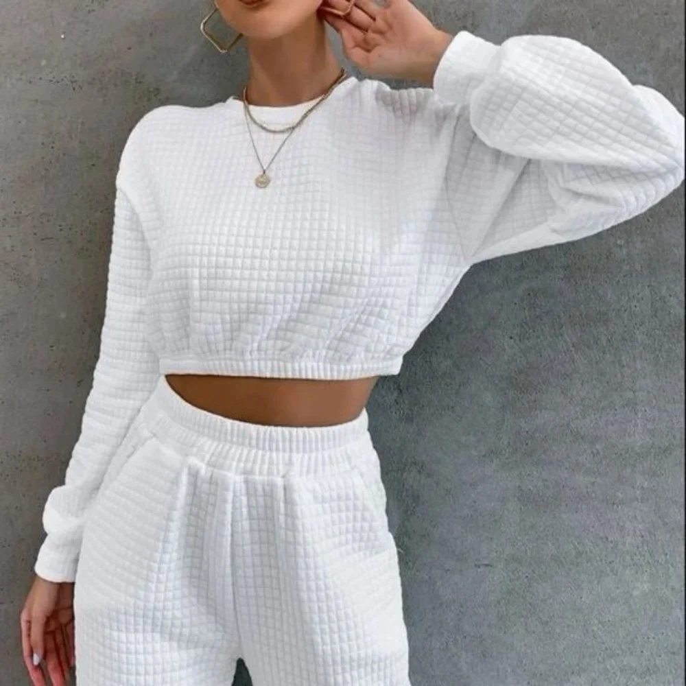 Casual Drop Shoulder Textured Crop Pullover Round Neck - Picture 3 of 5